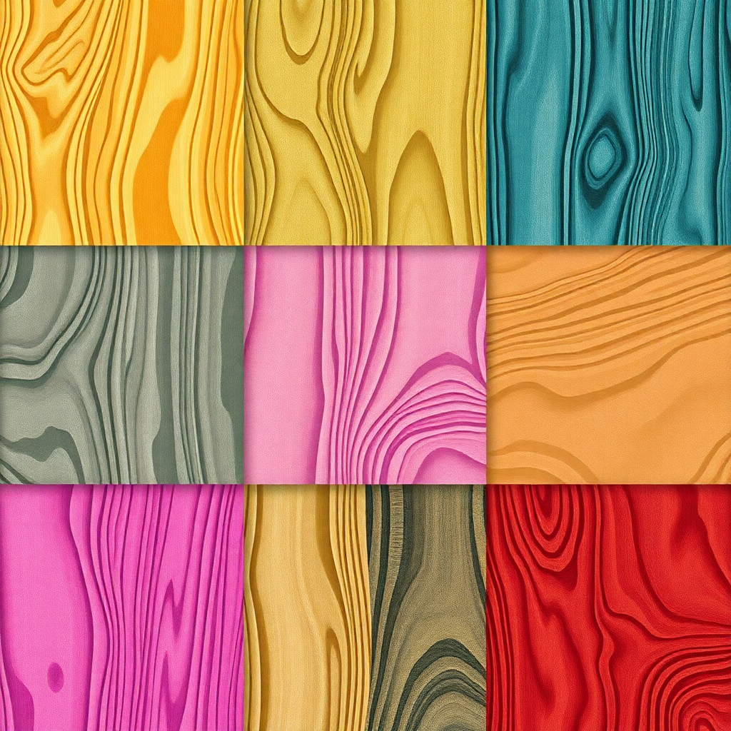 Create a series of abstract wood grain patterns using various staining techniques to achieve unique color variations.