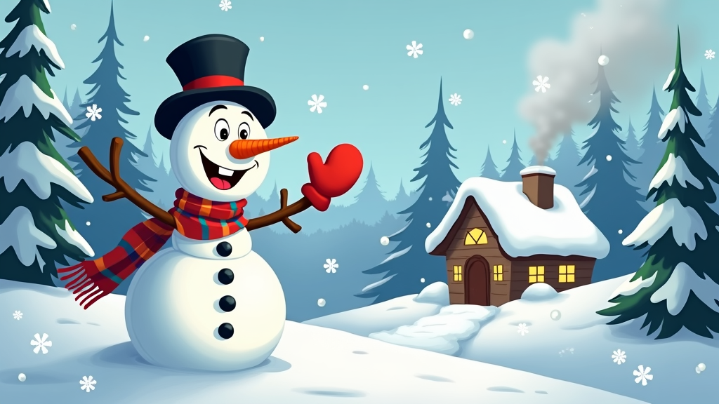 The image shows a snowman standing in front of a house in the snow. The snowman is wearing a scarf, gloves, and a top hat, and is surrounded by trees covered in a blanket of snow. Smoke is billowing from the chimney of the house, and the sky is visible in the background.