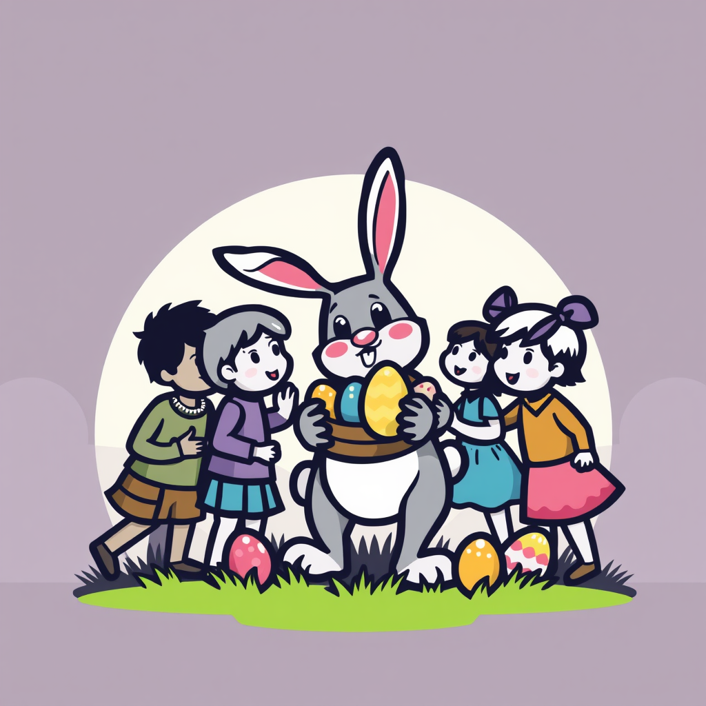 An icon featuring a stylized bunny delivering Easter eggs to a group of children, emphasizing the joy and celebration of the holiday.