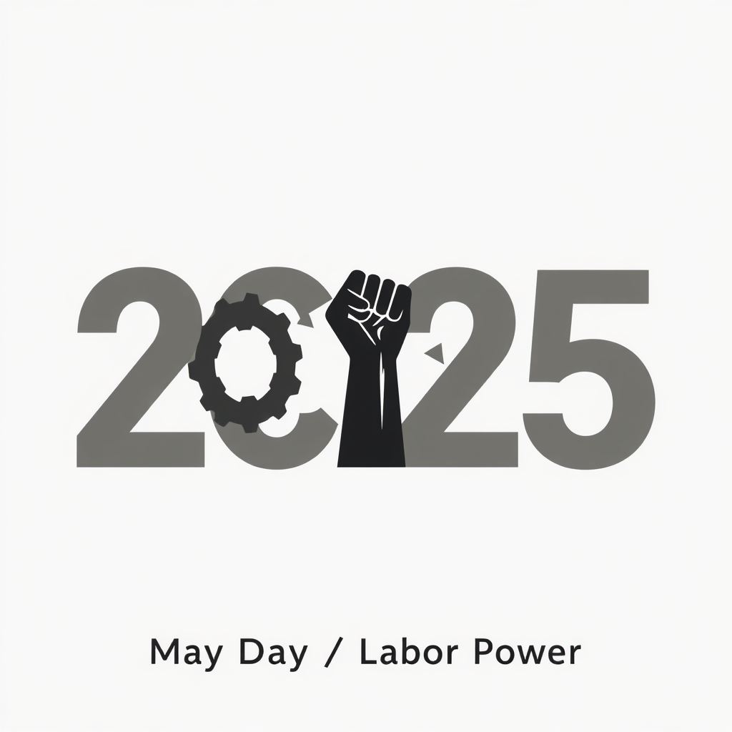 Simple Logo Idea: A central, ultra-bold '2025'. The '0' is creatively replaced or combined with a simple gear icon or a silhouetted raised fist. Minimal supporting text like 'May Day / Labor Power'.