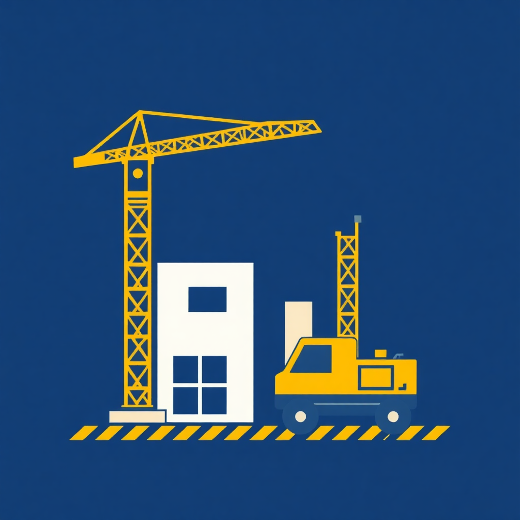 The image is a graphic illustration of a construction site with a yellow crane and a white building. The crane is on the left side of the image and the building is in the center. The building has a rectangular shape with a flat roof and two windows on the front. On the right side, there is a yellow truck with a crane arm. The background is a solid blue color. The image has a yellow and white striped border around the edges.