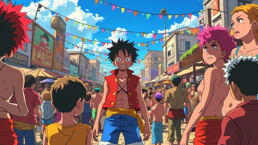 Magical adventure unfolds as Dressrosa unfolds, featuring its colorful citizens and gladiators, with Luffy and allies strategizing their next move.