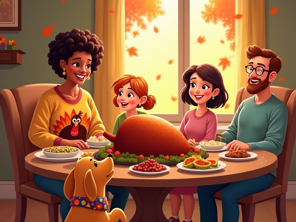 A jubilant cartoon family, including a woman wearing a turkey-themed sweater, enjoys a vibrant Thanksgiving spread with a substantial glazed ham. The backdrop reveals autumn leaves swirling outside the window, while inside, a pooch in a bandana rests under the table, awaiting some scraps, mirroring the celebration's warmth.