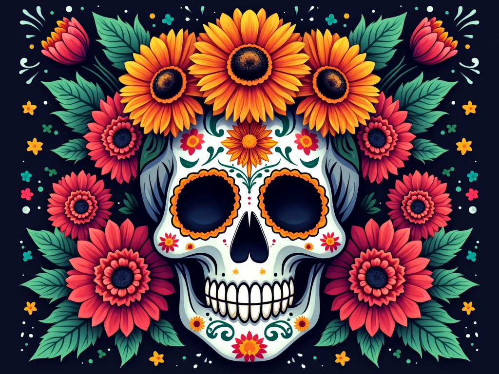 Stylized Calavera (sugar skull) T-shirt: An intricately detailed sugar skull as the centerpiece, adorned with traditional Mexican Cempasúchil (marigold) flowers and dahlias, set against a background of colorful papel picado designs.