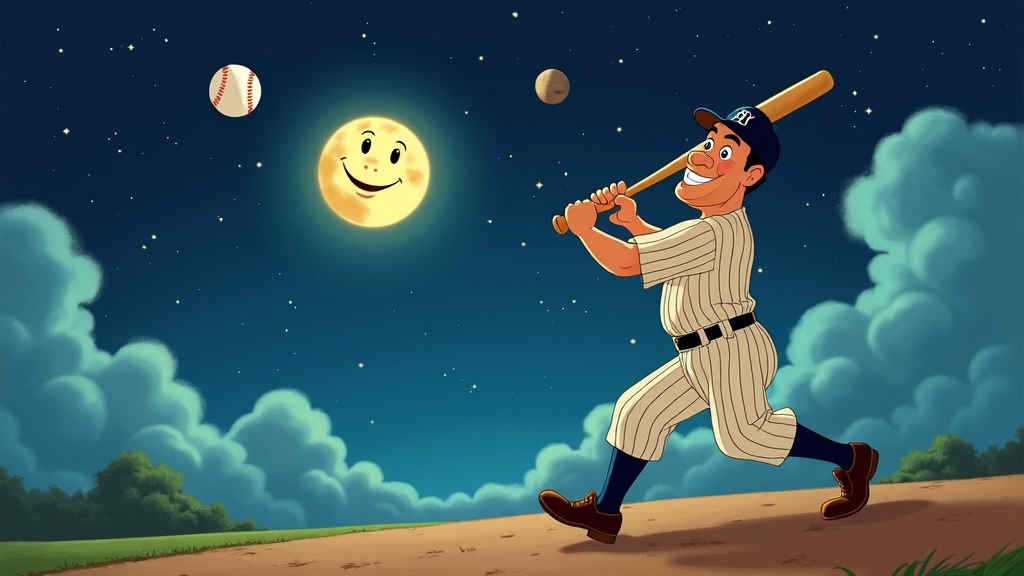 Sub-Design Idea 3: 'Home Run to the Stars' - A low-angle, heroic perspective of Babe Ruth completing his exaggerated swing. The baseball is a streak of light soaring towards a cartoonish night sky filled with oversized stars, a large, expressive moon, and perhaps even distant, whimsical planets. Accentuates legendary distance and a larger-than-life achievement.
