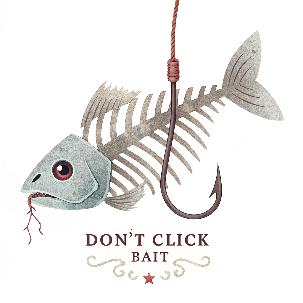 Sub-design 5 (Skeletal Warning): A fish skeleton already caught on a hook, serving as a dire warning. The hook has a subtle pattern representing a suspicious URL. The text 'DON'T CLICK BAIT' underneath, possibly with a cautionary aesthetic.