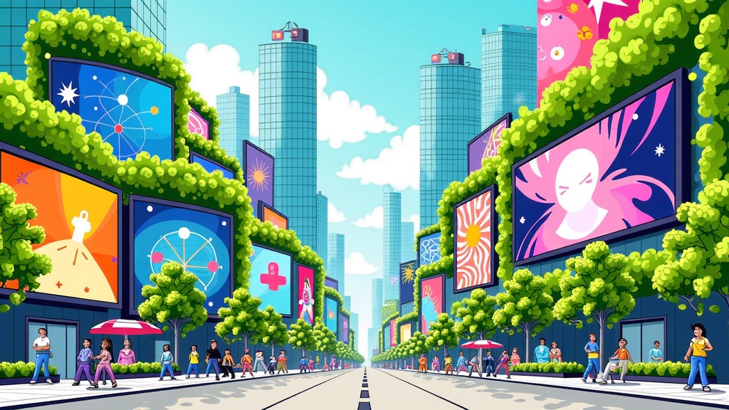 Sub-design idea 4: A concept art piece showcasing a futuristic cityscape or environment where all visual elements (billboards, murals, digital displays) are AI-generated, each with a distinct but harmonious aesthetic, representing the 'Future Aesthetic'.