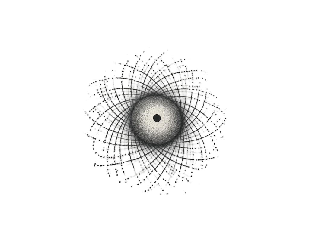 A stylized representation of electron cloud probability distributions for a specific atom, using dotwork or stippling to create density variations.