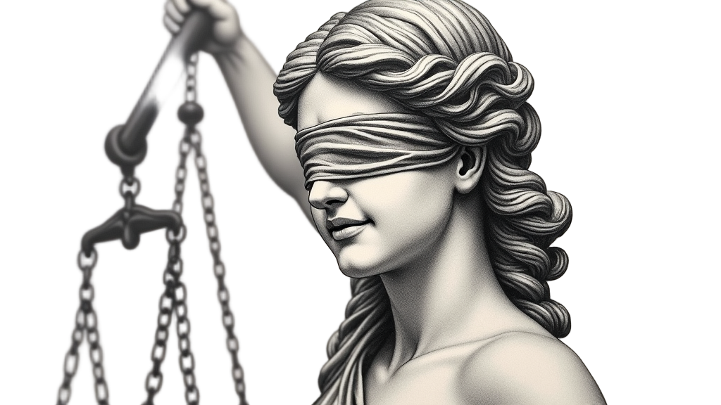 The face of Lady Justice in a tattoo is designed with a gentle smile, suggesting forgiveness and understanding in judgment.