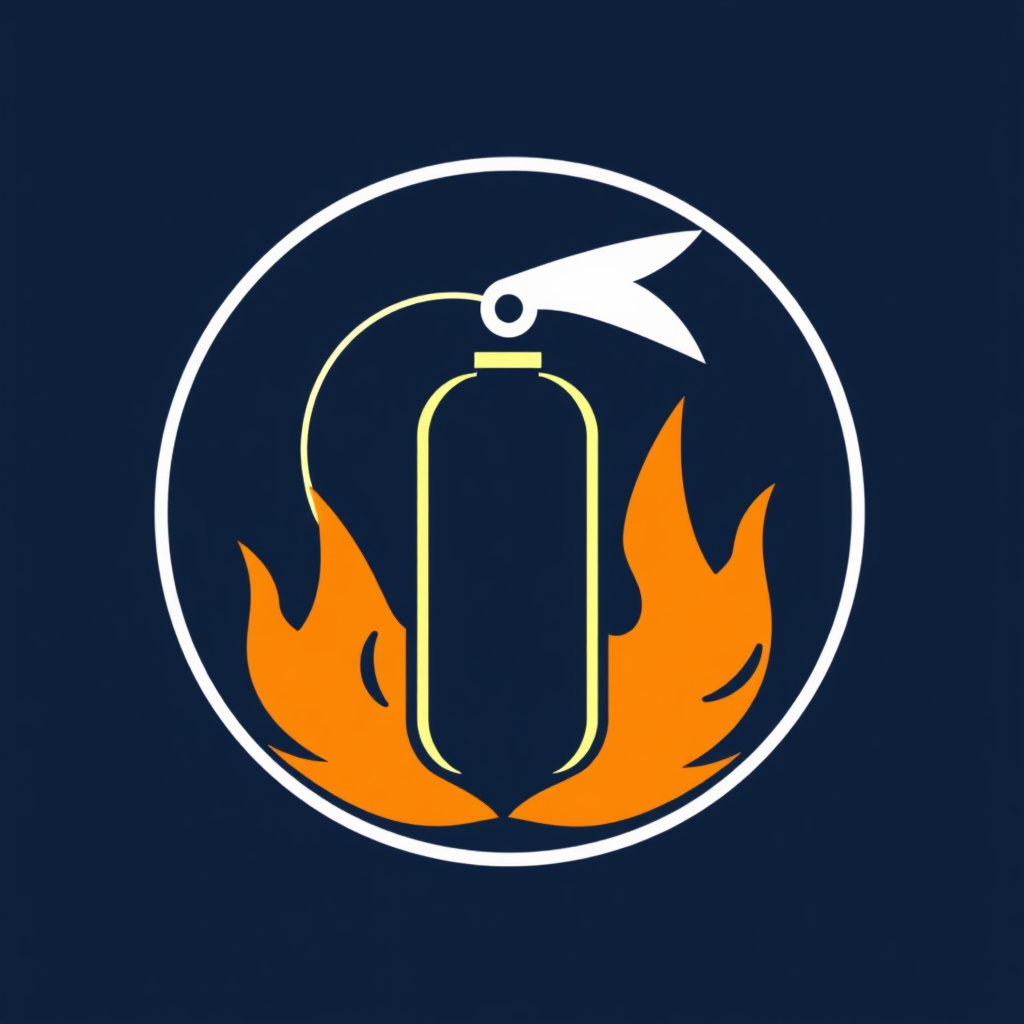 A circular icon with a simplified fire extinguisher shape surrounded by dynamic lines representing fire.