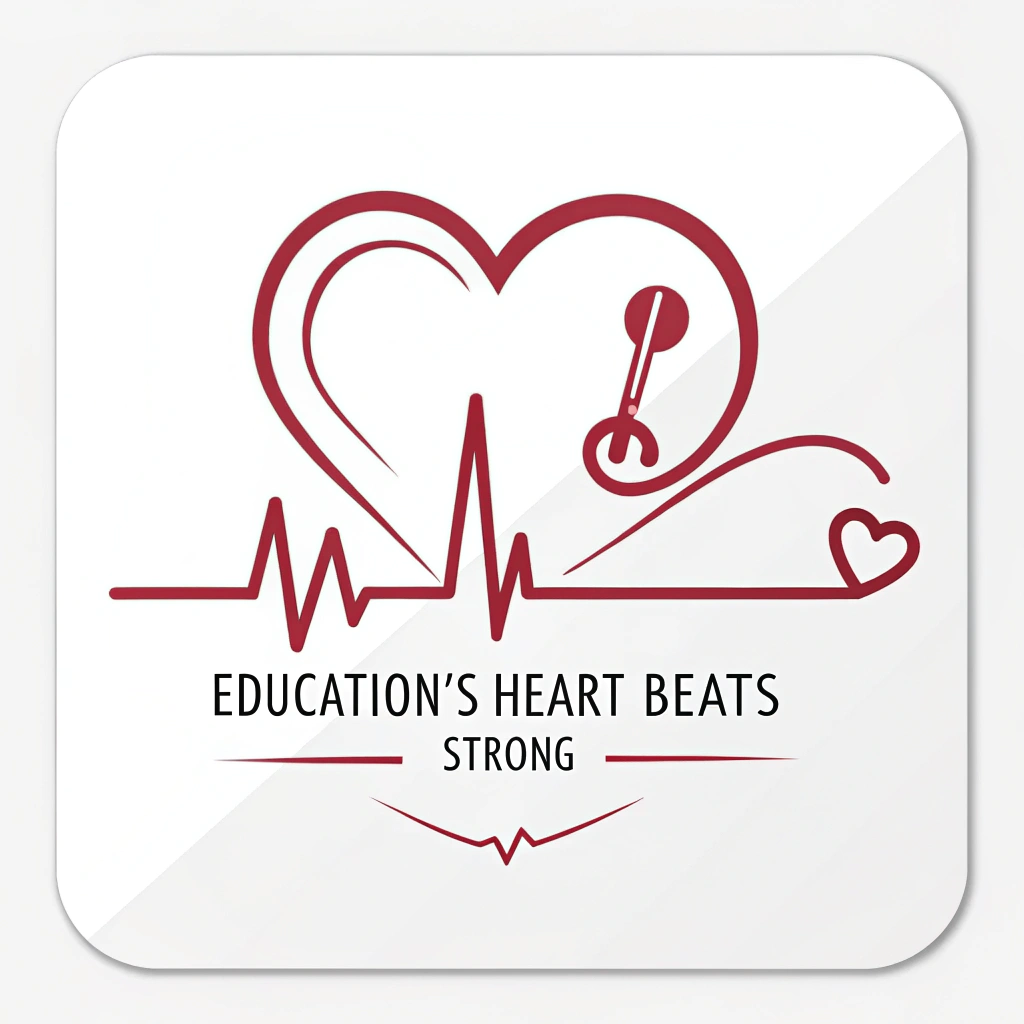 Iconic Heartbeat Sticker: A clean, modern design featuring a bold heart symbol seamlessly transitioning into an EKG (electrocardiogram) line. Text: 'Education's Heart Beats Strong'. This minimalist design is suitable for a versatile sticker that could also serve as a campaign icon.
