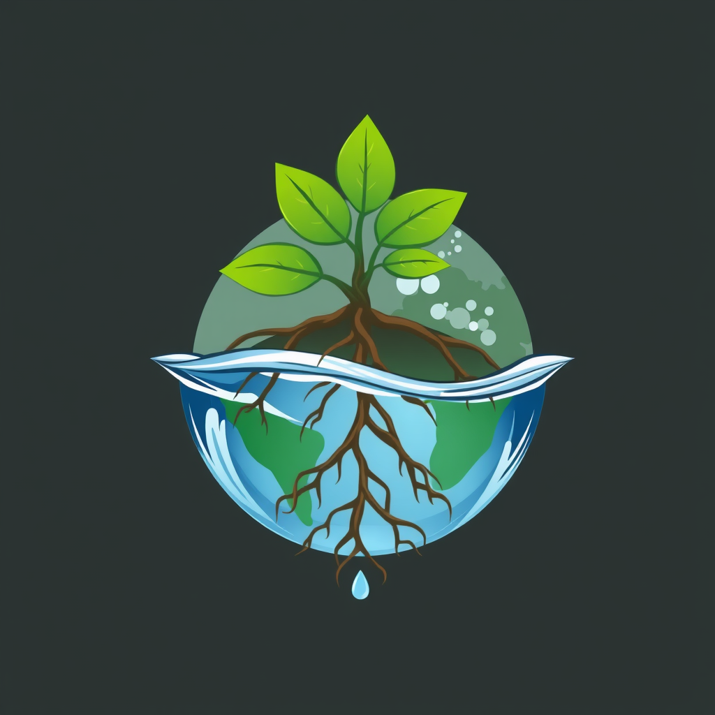 Sub-Design Idea 2: An interconnected design showcasing a plant's root system seamlessly absorbing and transitioning into flowing water currents that encircle or form part of a globe, visually representing direct nourishment and water's foundational pathways for life.