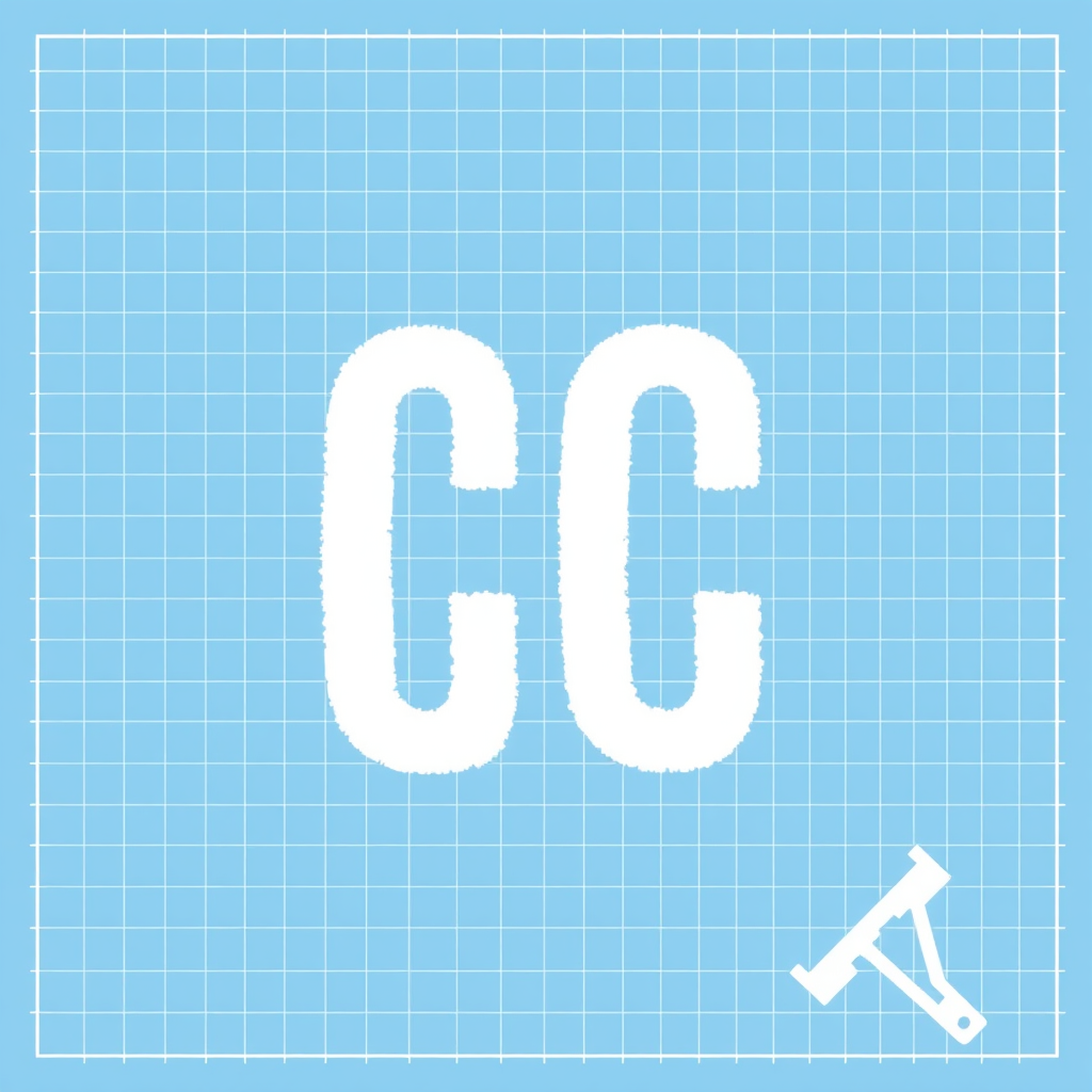 Blueprint Grid & Initials: Utilize a light blue blueprint grid as the background. Overlay the company's initials (e.g., 'CC') in a bold, white, sans-serif font, styled as if drawn with drafting chalk. Subtle drafting tool elements like a T-square or protractor can be incorporated.