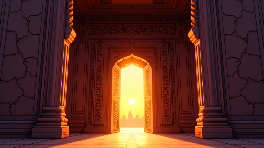 An illustration focusing on a grand palace entrance at sunset, with dramatic lighting emphasizing the textures of carved stone, intricate wooden doors with brass fittings, and calligraphic inscriptions above the main archway. The warm glow from within suggests opulence and activity.