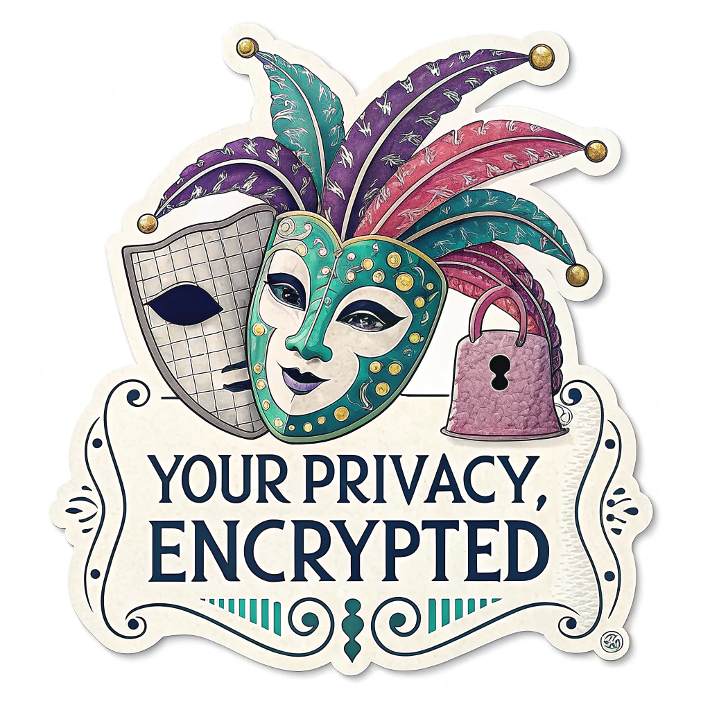 Digital Anonymity Mask: A Venetian-style carnival mask rendered with a digital/pixelated texture, featuring a keyhole in one eye. Text: 'Your Privacy, Encrypted.'