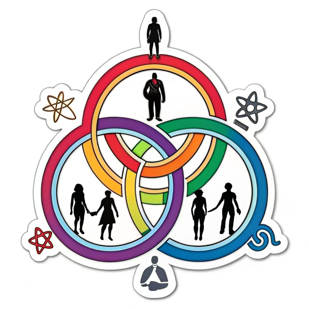 Sub-Design 3: Interwoven Symbols & Figures - Silhouettes of LGBTQ+ symbols (rainbow, trans symbol, etc.) seamlessly merging with diverse human silhouettes, illustrating community intersectionality and unity. Could be a single, complex silhouette.