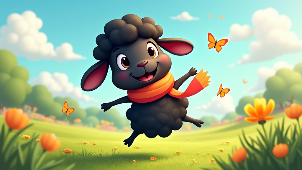 The image shows a cartoon black sheep flying through the air with a scarf around its neck, surrounded by butterflies, flowers, grass, trees, and a sky with clouds in the background.