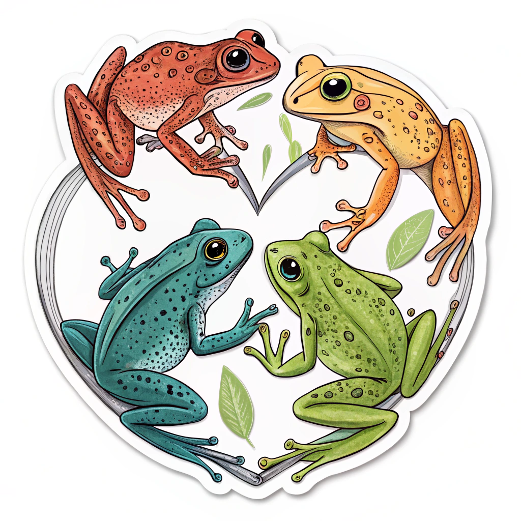 Stylized sticker illustration where different frog species form a circular or heart shape, symbolizing unity and the need to protect all types.