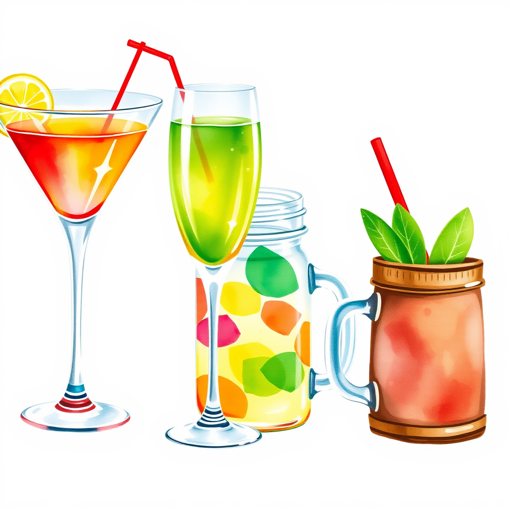 Sub Design Idea 2: Icons highlighting festive glassware (martini glass, champagne flute, mason jar, tiki mug) containing colorful drinks, with watercolor washes to suggest the liquid and condensation.