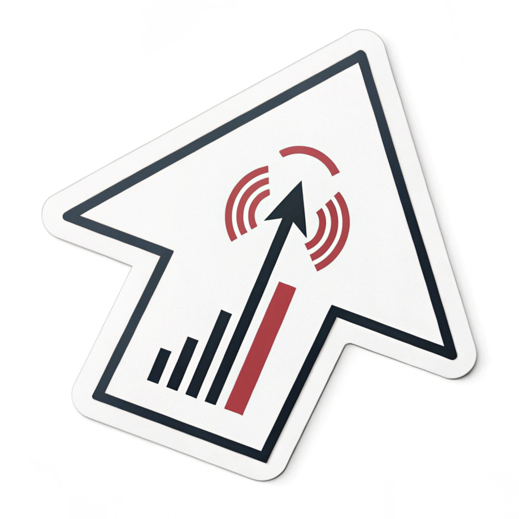 Upward Trend Arrow Badge: A minimalist badge with a bold, stylized upward-pointing arrow, possibly combined with a subtle sound wave or play symbol, denoting trends.