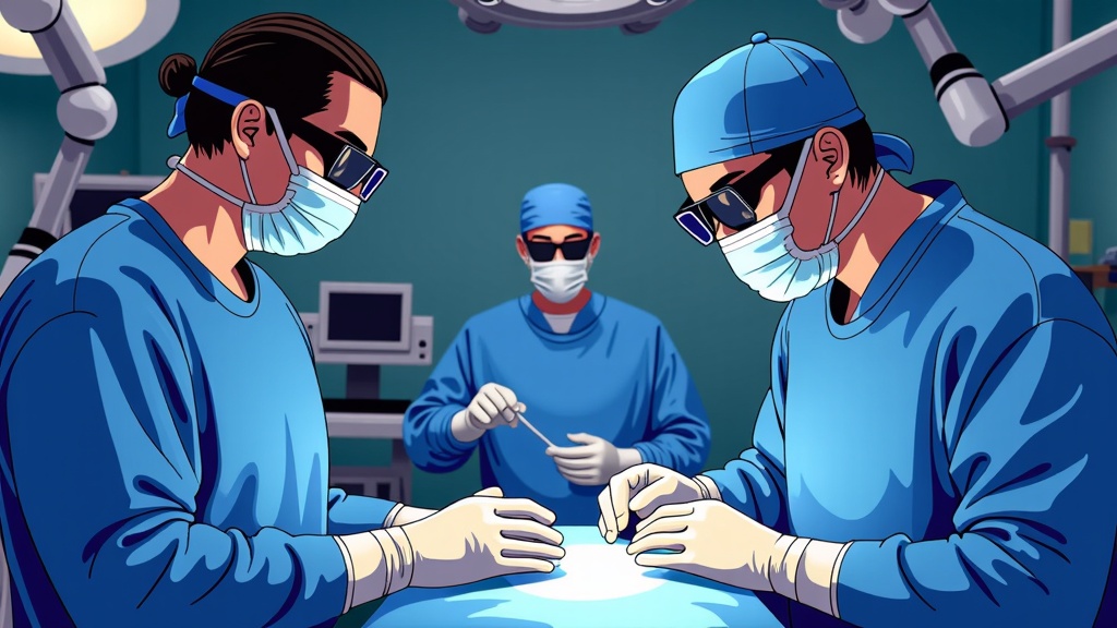 Surgeon's Augmented Reality View: Illustrate the scene from a surgeon's first-person perspective, wearing advanced AR glasses that display the AI precision overlay directly onto their view of the patient and robotic arms during surgery. Emphasize the data-rich environment and focused attention.
