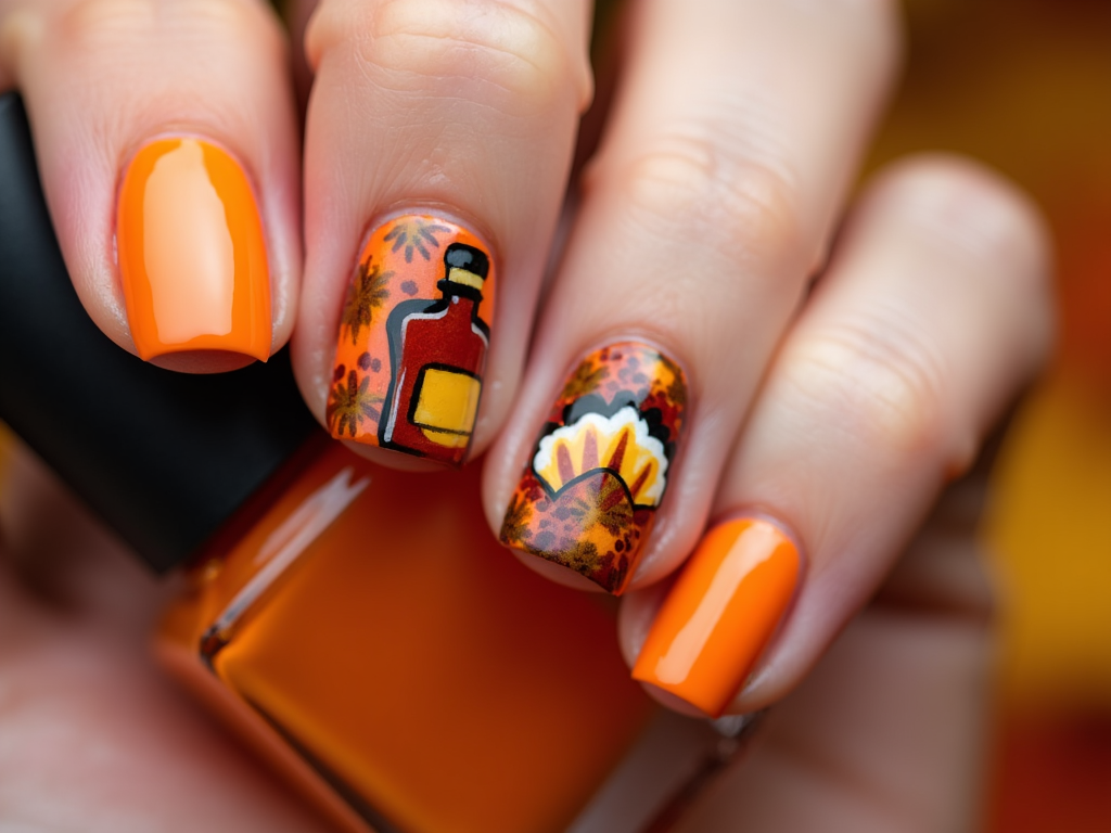 Thanksgiving nails embellished with miniature maple syrup and pie symbols, reflecting the delectable treats of the holiday.