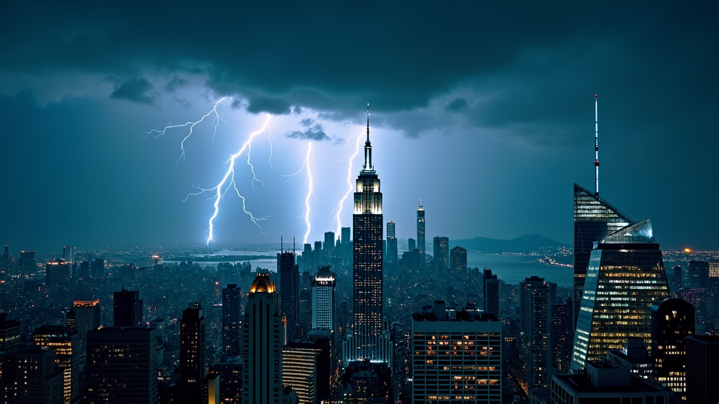 Wallpaper capturing a powerful thunderstorm over a bustling metropolis. Towering skyscrapers are intermittently highlighted by vivid lightning strikes, revealing the city as a dynamic backdrop in the storm's grip. The juxtaposition of calm, urban infrastructure with the wild forces above perfectly captures the unpredictable essence of nature.