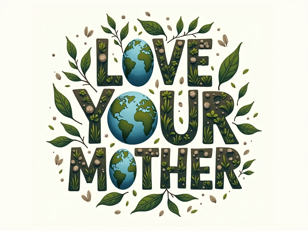 Typography-focused design: 'Love Your Mother' where the 'O' in 'MOTHER' is a detailed planet Earth. The text uses earthy, hand-drawn fonts with natural textures (leaf veins, soil patterns) in greens, blues, and browns.