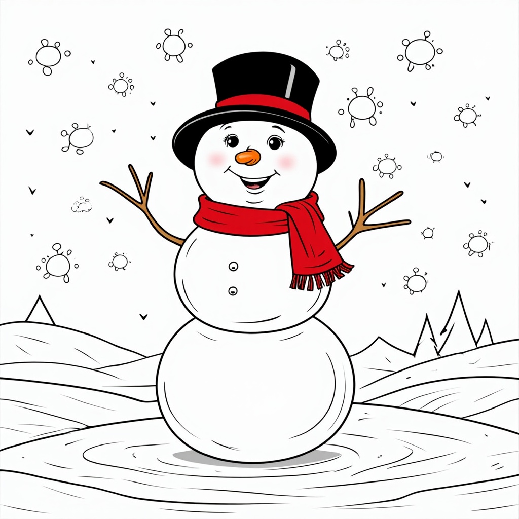 The image shows a snowman with a top hat and scarf standing in the snow. The snowman is surrounded by a wintery landscape with snowflakes falling from the sky and trees in the background. There is also a watermark on the image, indicating that it is a free printable coloring page.