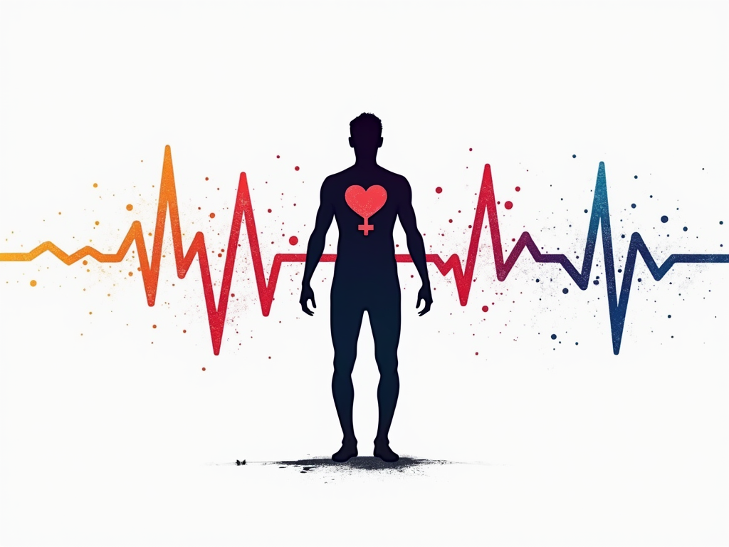 Heartbeat of Self: Features an artistic EKG (heartbeat) line that creatively transforms into a meaningful symbol related to personal identity (e.g., a subtle gender symbol, an abstract personal icon, or a silhouette standing proudly). The EKG line could subtly incorporate colors from gender identity flags. The theme text would be integrated into or around the design.