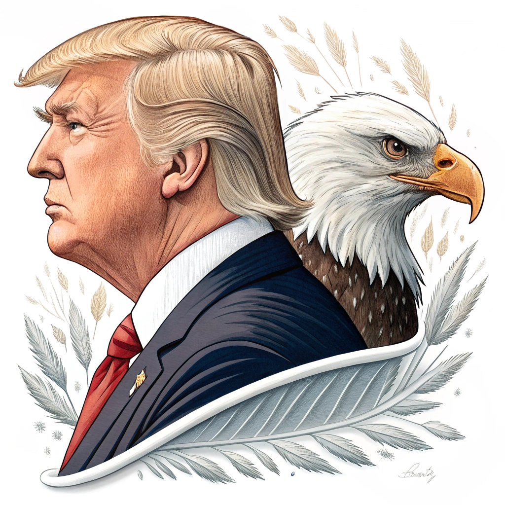 A sticker design that has Trump's profile and the bald eagle's profile facing the same way, to appear unified.