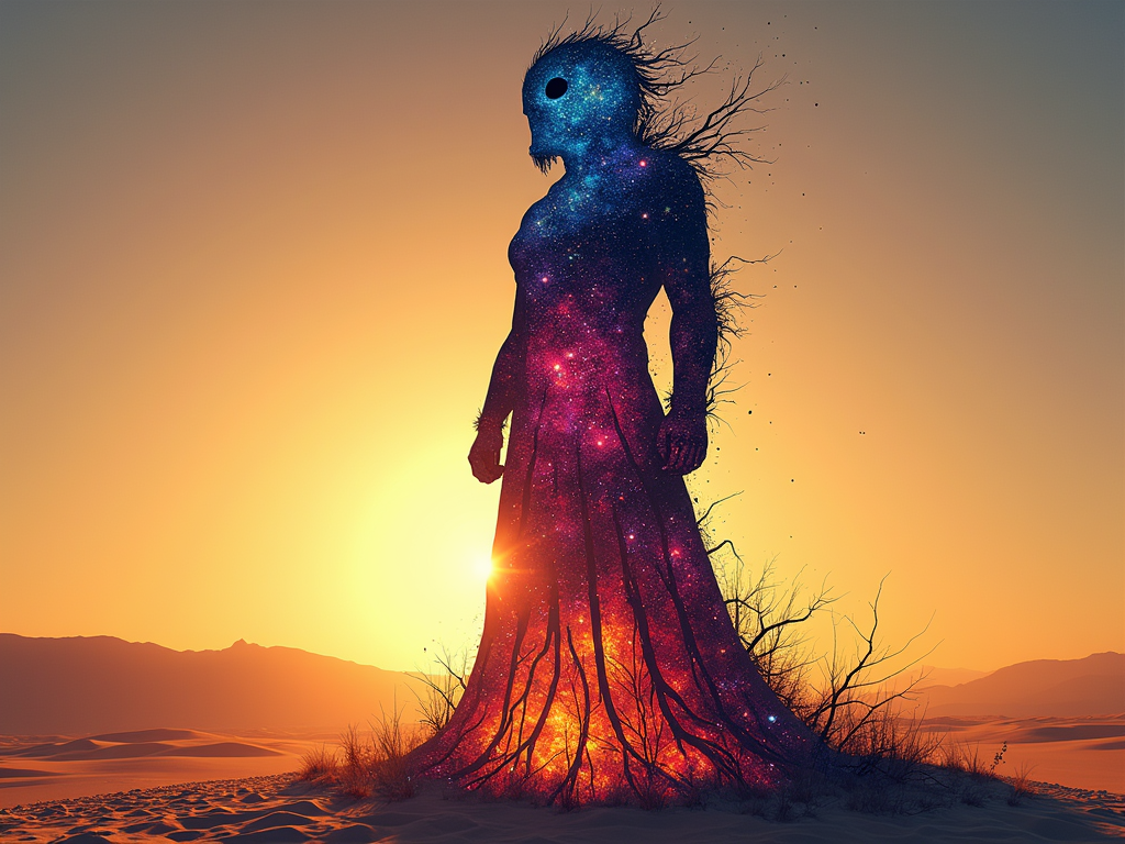 Burning Man effigy silhouette filled with a vibrant galaxy print, with a subtle playa landscape at its base.
