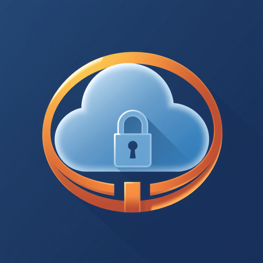 A cloud icon encircled by a sleek, protective ring or orbit, with a small, distinct lock symbol acting as a clasp or focal point on the ring.