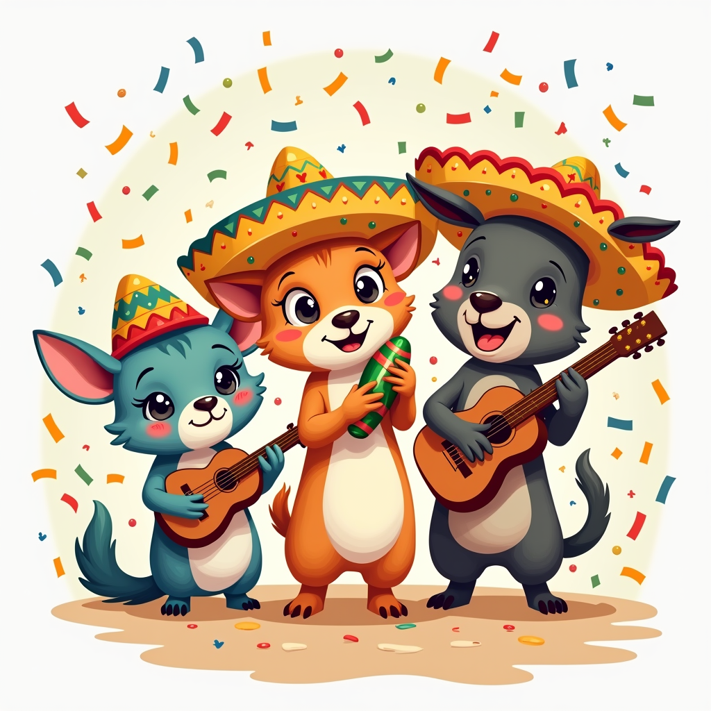Cute cartoon animals (e.g., chihuahua, axolotl, donkey) wearing festive sombreros, playing mini maracas or guitars, surrounded by colorful confetti.
