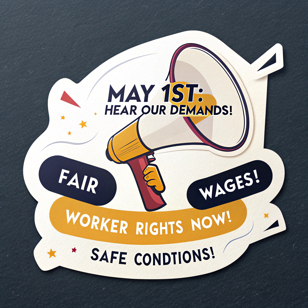 Design 2: A megaphone or prominent speech bubble graphically displaying key 'May 1st Demands' (e.g., 'Fair Wages!', 'Worker Rights NOW!', 'Safe Conditions!'). Text: 'MAY 1ST: HEAR OUR DEMANDS!'. Color scheme: Bright, attention-grabbing colors like yellow and orange against a dark background.