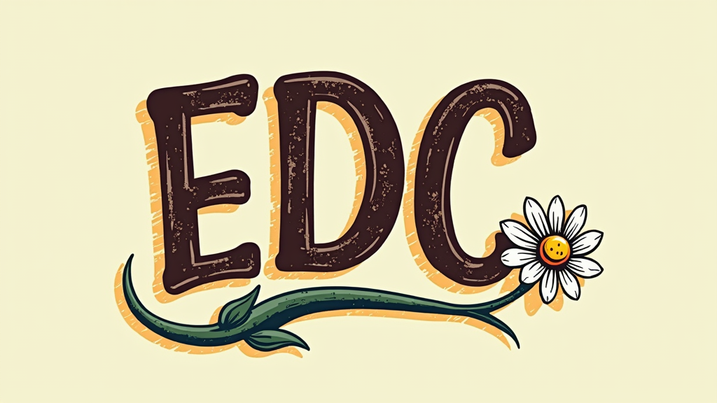 Logo Idea: Vintage EDC Script with Daisy Swoosh - 'EDC' initials in a bold, custom retro script font, with an underline or swoosh that subtly incorporates a daisy stem or petal, featuring a distressed texture.