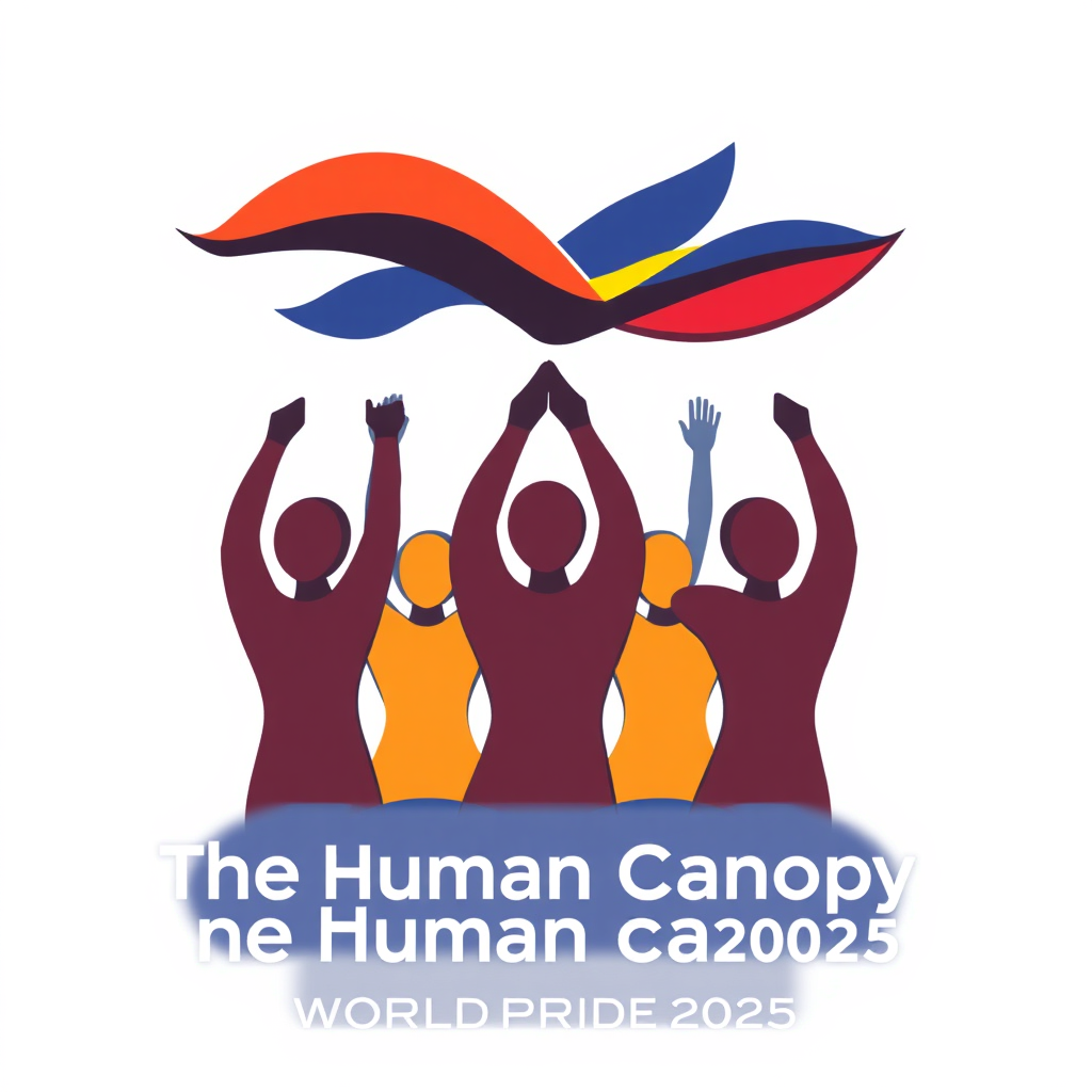 The Human Canopy: Stylized figures with arms raised and hands joined together, creating an organic and protective canopy shape. This design emphasizes flowing forms and the interplay of positive/negative space, symbolizing shelter, shared joy, and organic togetherness for WorldPride 2025.
