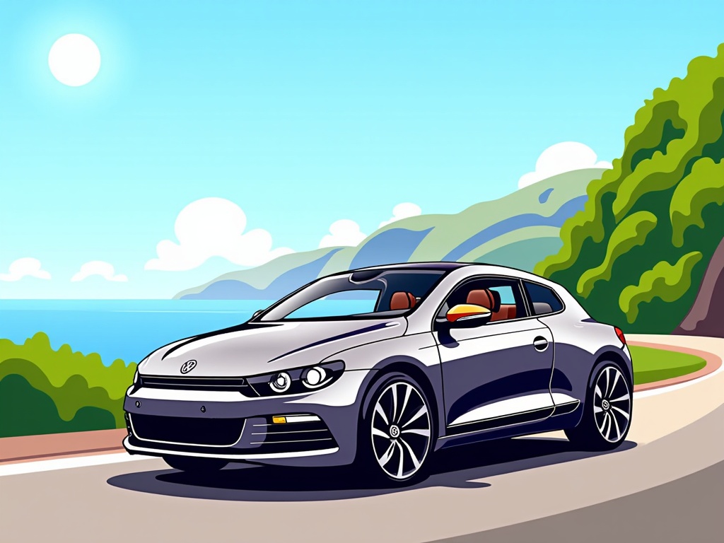 The image is an illustration of a silver Volkswagen car driving on a winding road near the ocean. The car is in the center of the image, with the ocean and mountains in the background. The sky is blue with a few white clouds and the sun is shining brightly in the top left corner. The road is lined with trees and shrubs on both sides, and there is a cliff on the right side of the road. The ocean can be seen in the distance, with a small island in the foreground. The overall color scheme of the illustration is bright and vibrant, with shades of blue, green, and yellow.