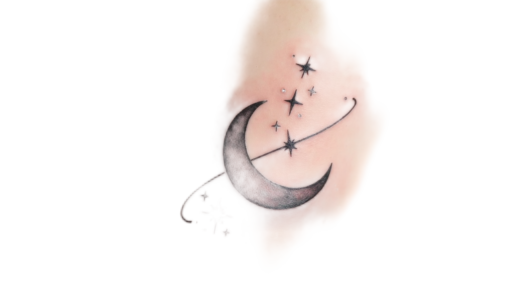 A delicate celestial-themed tattoo on a forearm, showcasing a crescent moon surrounded by twinkling stars and an elegant comet tail, embodying the vast beauty of the night sky.