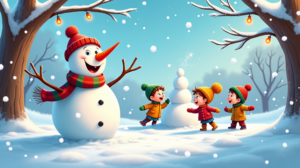 The image shows a group of children playing with a snowman in the snow. The snowman is wearing a scarf and a cap, and is surrounded by trees covered in a blanket of snow. In the background, there are more trees and a clear blue sky. The image is animated, giving it a festive feel.