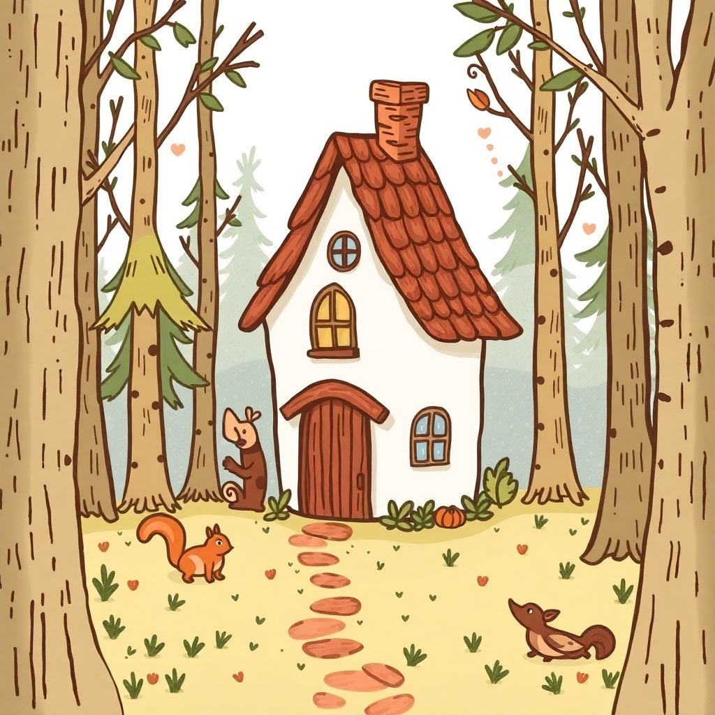 A whimsical, hand-drawn forest scene with a cozy, slightly crooked house nestled among the trees, featuring playful animals like squirrels and birds.