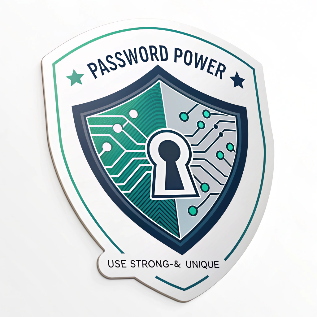Sticker design featuring a prominent, modern shield icon, possibly with an intricate pattern or a keyhole graphic embedded. Main text: 'Password Power'. Subtext: 'Use Strong & Unique'. Color scheme: Blues, greens, and metallic silver to convey security and trust.