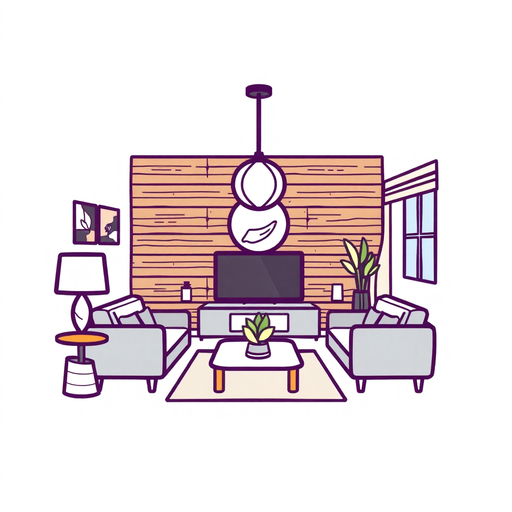 The image is an illustration of a living room with a modern and minimalistic design. The room has a wooden wall with a large window on the right side, allowing natural light to enter the space. In the center of the room, there is a large flat-screen TV mounted on the wall. Above the TV, there are two armchairs with a coffee table in front of them. On the left side of the image, there has a small side table with a lamp and a plant on it. The floor is covered with a beige rug. The overall color scheme is purple and white, giving the room a cozy and inviting feel.