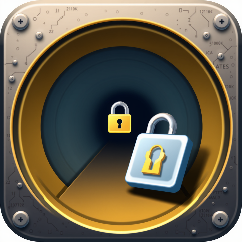 An icon depicting a data packet (e.g., a small square or rectangle) moving through a pipe-like tunnel. The surface of the tunnel has etching or patterns resembling cryptographic symbols or a circuit board. A small lock icon is integrated into the data packet itself or on the tunnel entrance.
