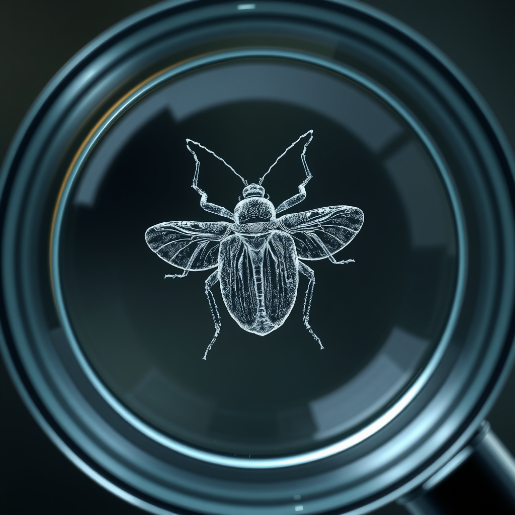 A close-up view where the bug is etched or embedded directly onto the surface of the magnifying glass lens, symbolizing that the threat has been identified and 'captured' by the detection tool.