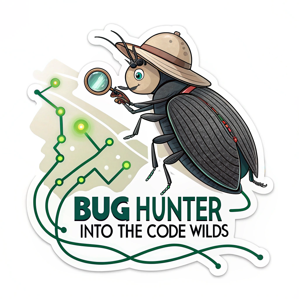 Digital Safari Bug: A sticker featuring a stylized, pixelated bug wearing a tiny pith helmet and carrying a miniature magnifying glass, navigating through lines of glowing green code. Text: 'Bug Hunter: Into the Code Wilds'.