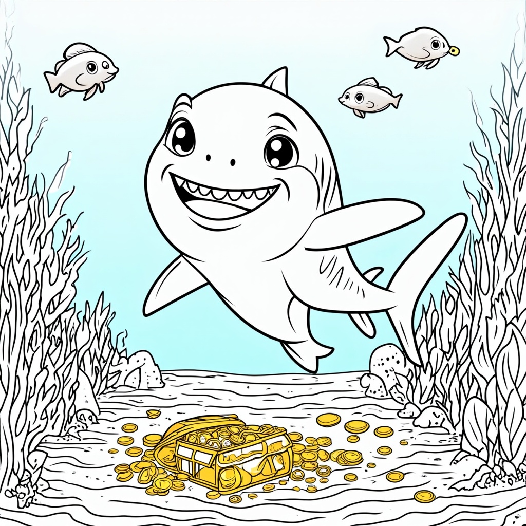 Baby shark excitedly discovering a small chest of pirate treasure on the seafloor, its expression filled with wonder and delight.