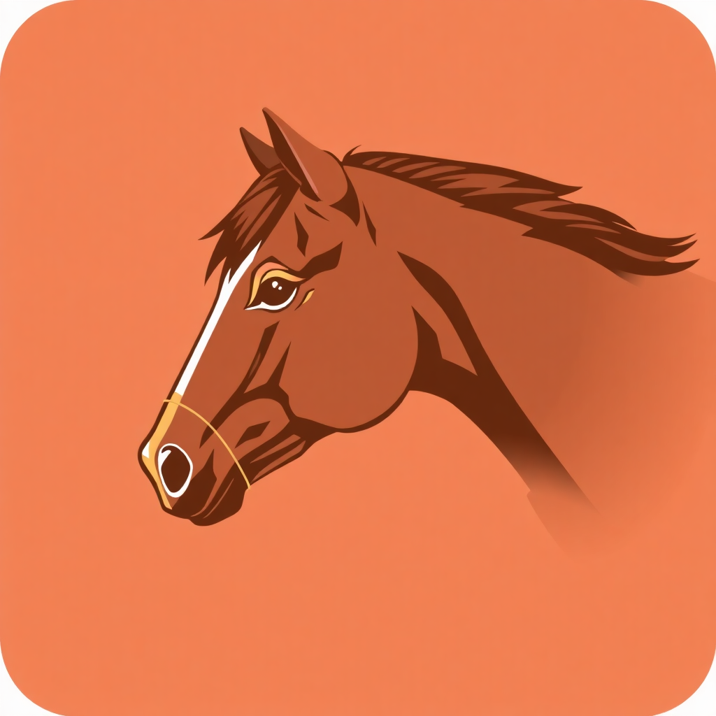 The image is a digital illustration of a horse's head. The horse is facing towards the right side of the image, with its head turned slightly to the left. Its mane and tail are flowing in the wind, and its eyes are a deep brown color. The background is a solid orange color, and the horse's face is outlined in black. The overall style of the illustration is simple and minimalistic.