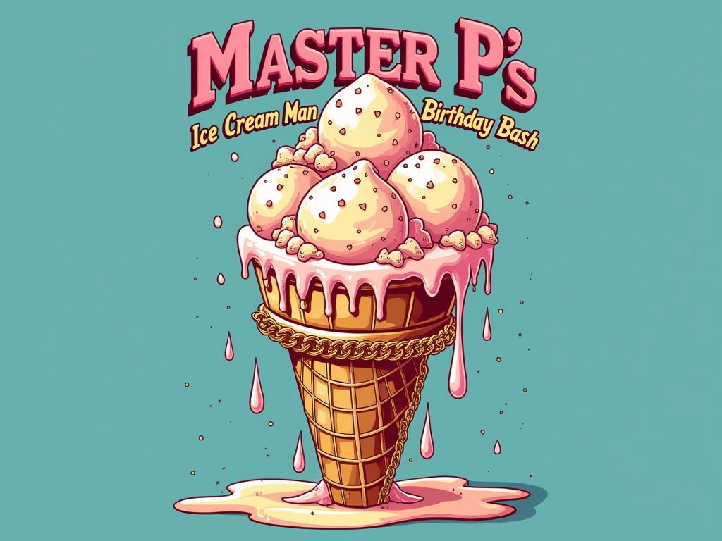 Gold Tank Cone: A design centered around a large, melting ice cream cone, where the ice cream scoops are gold, or the cone is wrapped with a gold tank chain. The text 'Master P's Ice Cream Man Birthday Bash' prominently displayed.