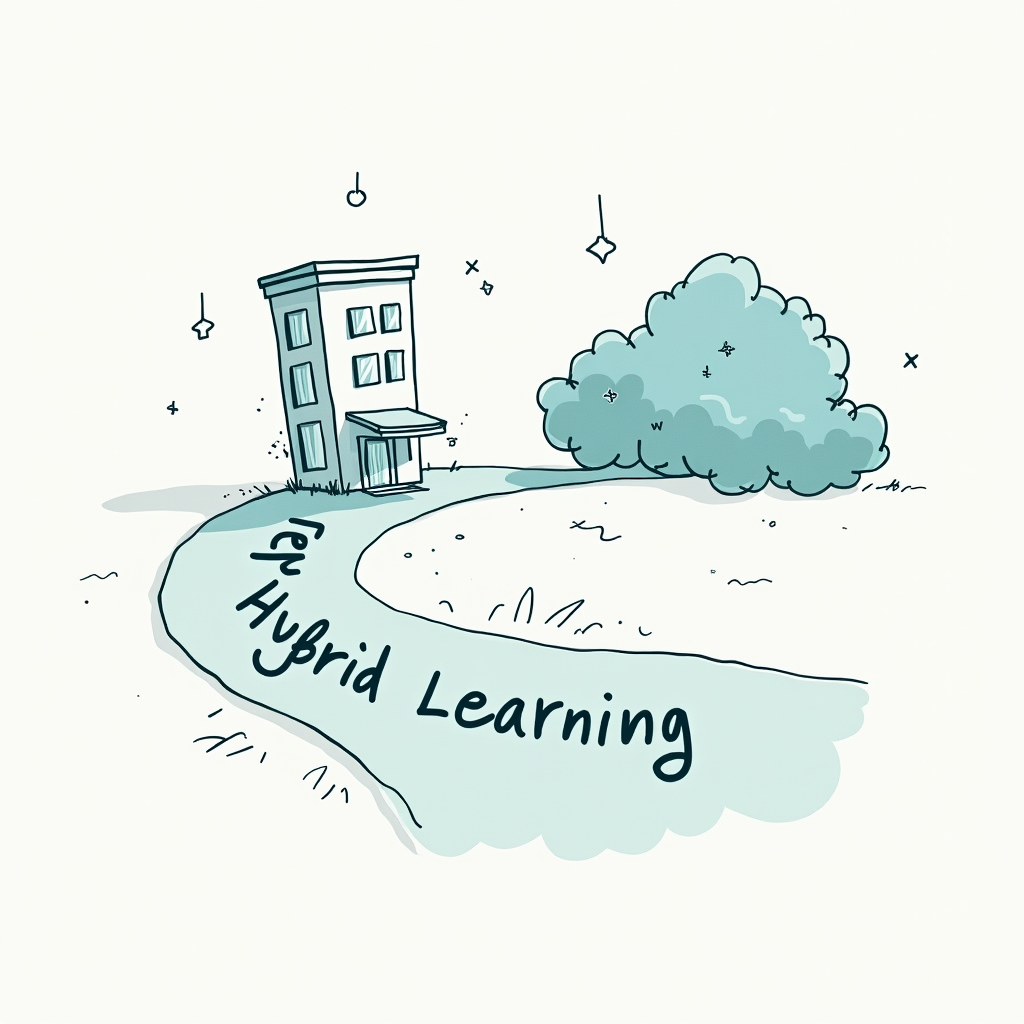 A design featuring a simple pathway connecting a small building icon to a cloud icon, with the text 'The Hybrid Learning Experience' following the path.